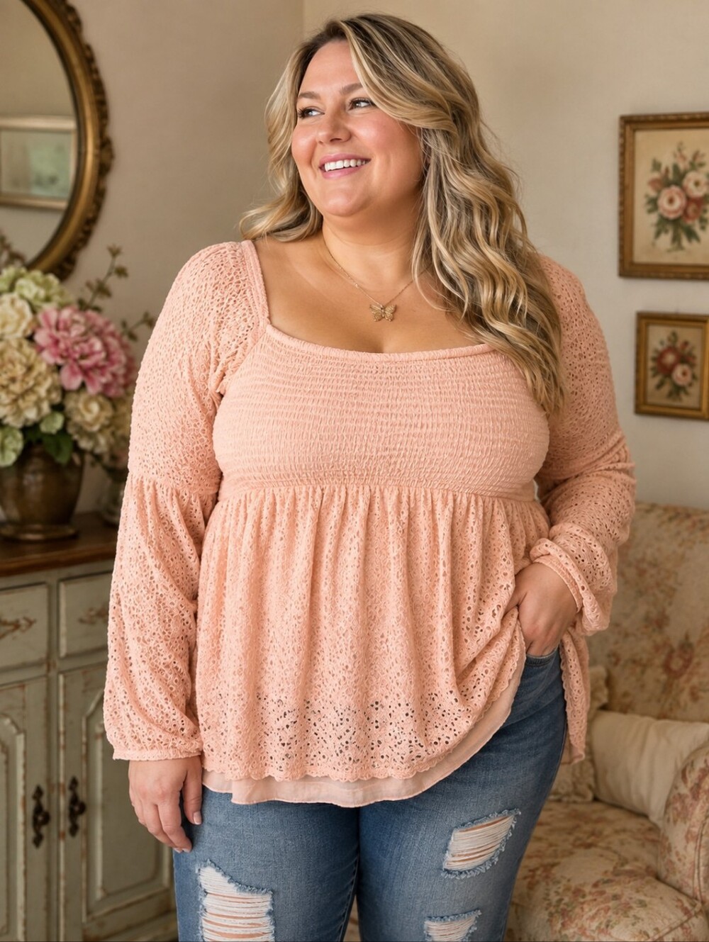 Torrid 3X Light Peach Lace Long Sleeve Top